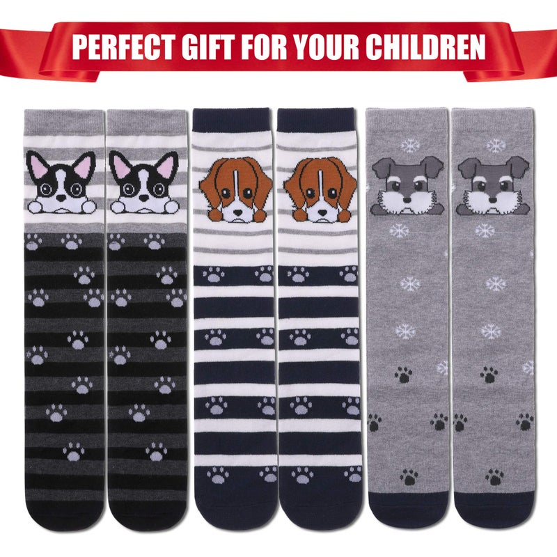 FNOVCO Girls Knee High Socks Kids Crazy Fun Gift Cute Animal Patterns Cotton Long Socks 3 Pairs (Dog) - Image 4